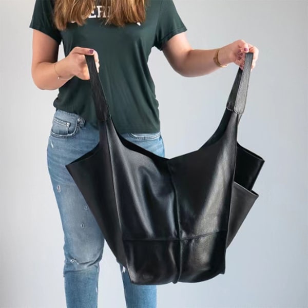 Stor Axelväska Läderväska Tote Bag Axelremsväska Dam Shoppingväska Väska Dam Black