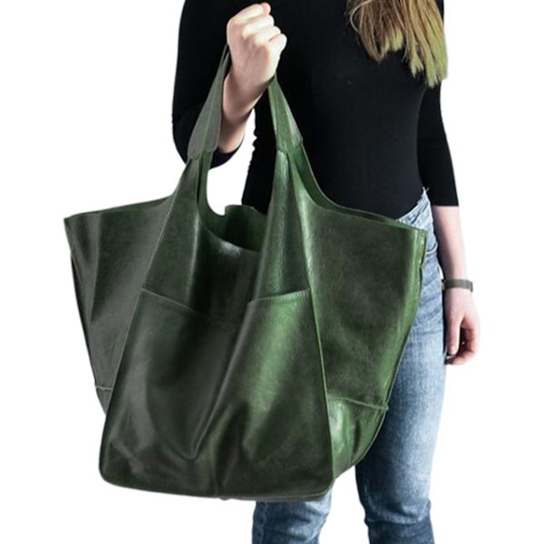 Stor Axelväska Läderväska Tote Bag Axelremsväska Dam Shoppingväska Väska Dam Green