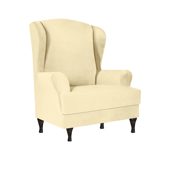 Hög elastisk mjuk mocka Wingback cover Halkfri enfärgad Stretch-skydd för sluttande arm King Back stol Beige