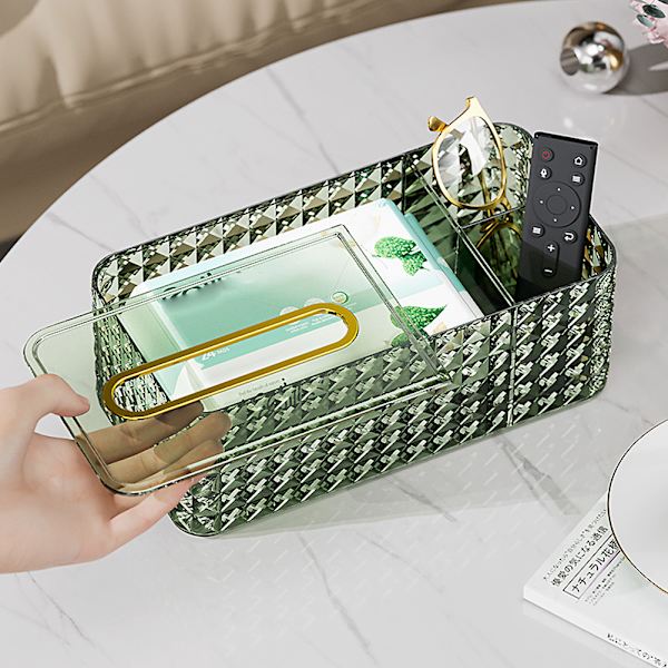 Vävnadslåda i kristall med fjäder- och diversehållare, multifunktionell organizer transparent