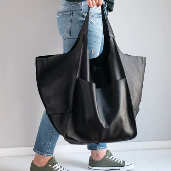 Stor Axelväska Läderväska Tote Bag Axelremsväska Dam Shoppingväska Väska Dam Black