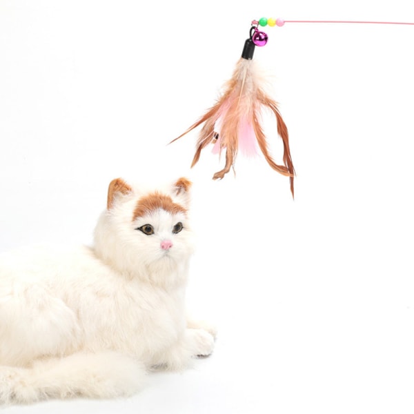 Kattfjäderleksak 90 cm lång elastisk kattteaserstav med klocka Naturligt kycklingfjäderhänge med pärlor för kattunge 1
