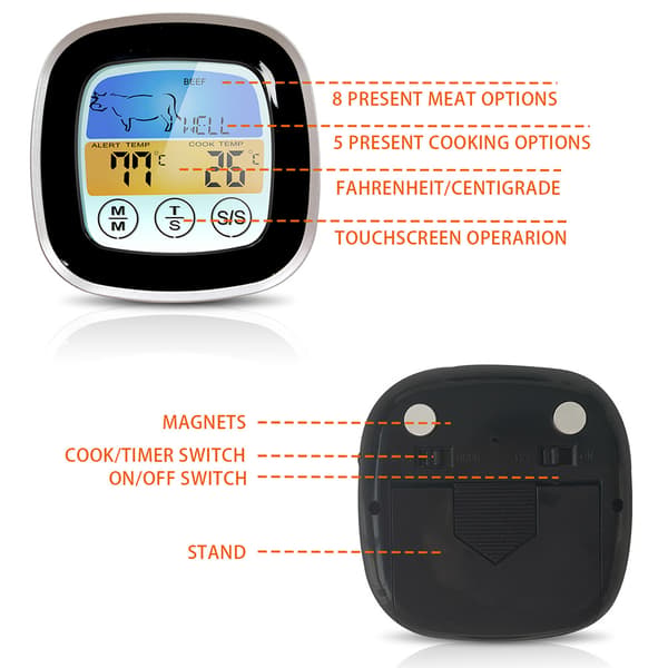 Kötttermometer Digital BBQ Ugn Matlagning Pekskärm för Grill Köksstekning Black
