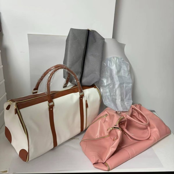 Läderfällbar kostymväska för resor Multifunktionell återanvändbar väska för kvinnor män White Brown