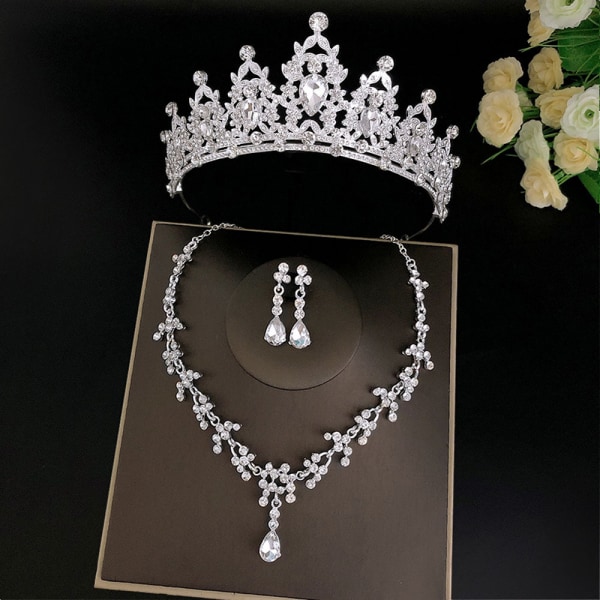 Bröllopsbröllop Tiaror Crown Set med örhängen Kit & Necklace Handgjorda lyxiga Crystal hårtillbehör för festbal Gold 02