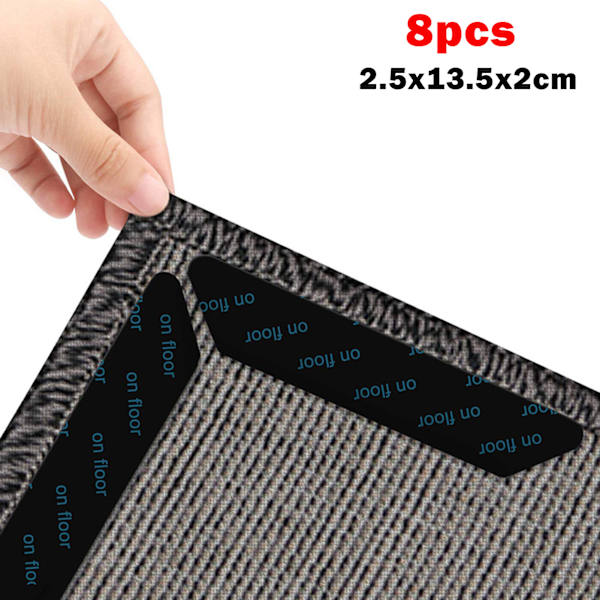 8 st Matta Anti-halk klistermärke Återanvändbar Golvmatta Fixering Paster Sömlös mattgripare för hårda golvplattor Black 8 2.5x13.5x2cm