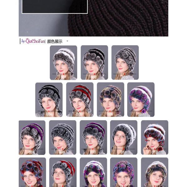 Rex Kaninpäls Beanie med Blomsterdekoration Vinterhattar Mode Mössa för Kvinnor Tjejer 8-Gray Purple