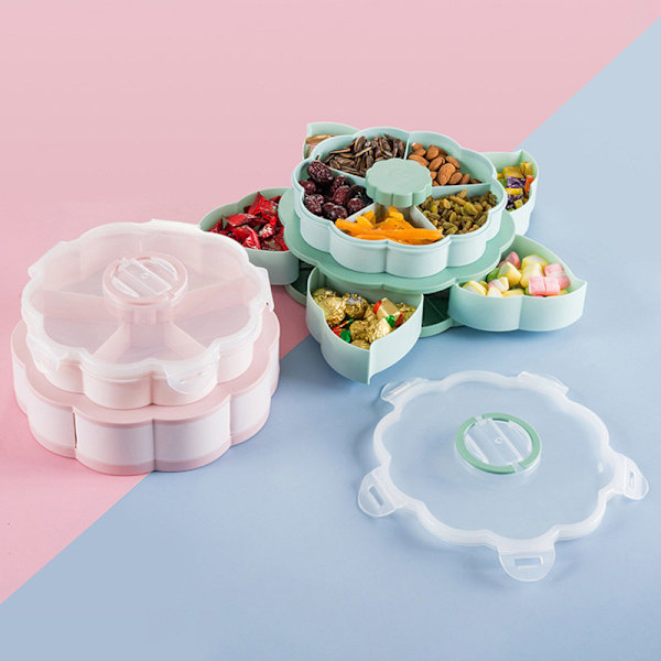 Kronbladsformad Roterande Snack Box Bord Godis Snacks Förvaringsbricka Dubbellager Hushåll Pink
