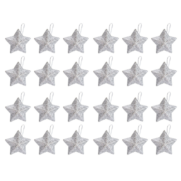6/12/24 st glittrande stjärnhänge för julgran Fashionabla festivalfester rekvisita för hemmets sovrum Silver 24pcs