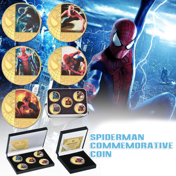 Spider-Man Coin Super Hero Jubileumsmynt Guldmetallmynt Souvenir för Samlare Fans Collection Five Combinations