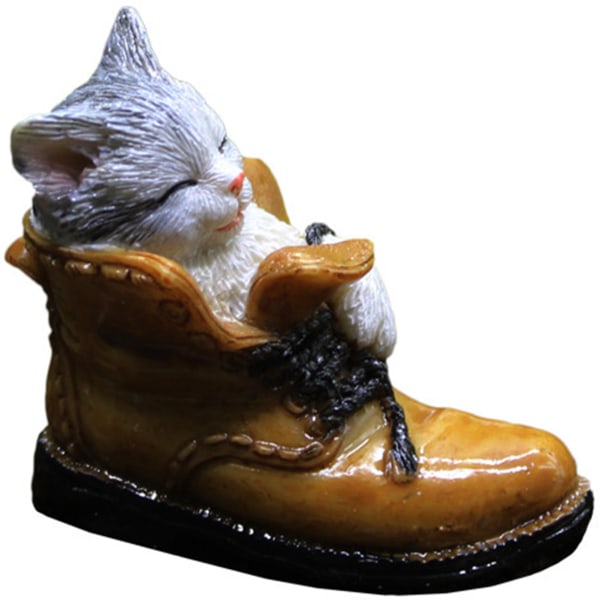 Trädgård Resin Staty Mini katt i en känga Söt statyett Kattunge Ornament Fairy Decor