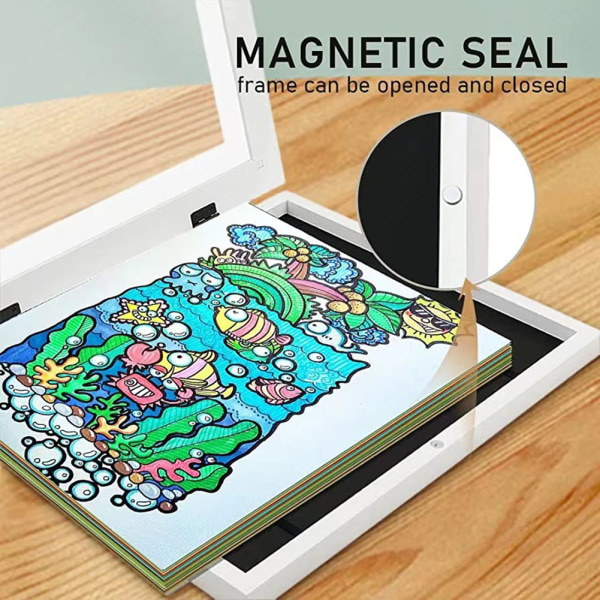 Magnetisk Fotoramar Barn Konstverk Ritningar Ram Förvaringslåda Display Låda vit