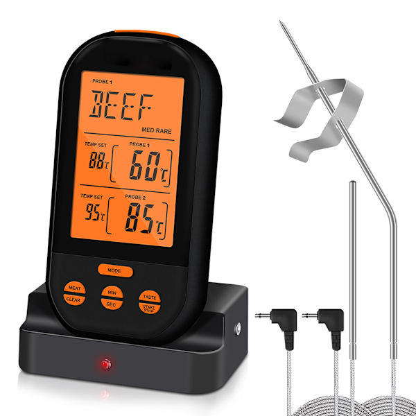 Trådlös digital termometer LCD BBQ Grill Kött Kök Ugn Mat Matlagningstermometer Orange