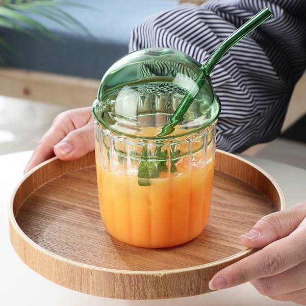 Kopp med lock i svampform, glas, med sugrör, bred öppning, för milkshakes, hem/kontor/bar Grass Green