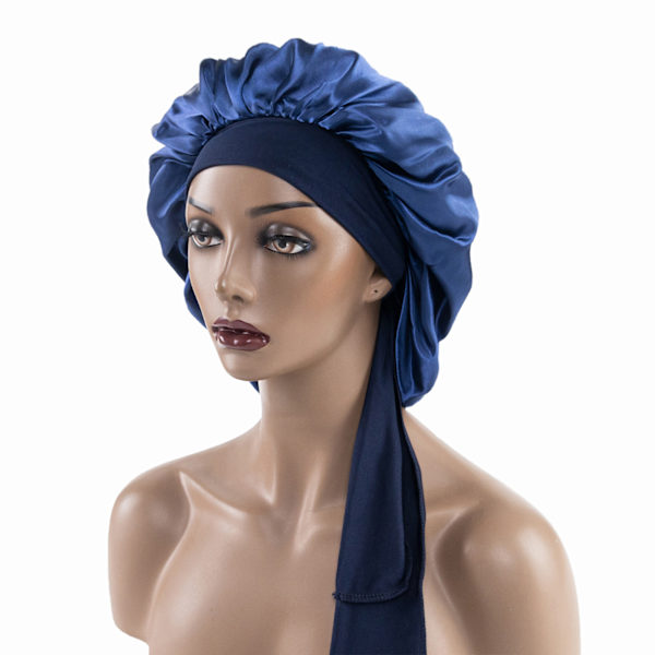 Nattmössa i satin för kvinnor med bred brätte Elastisk Mjuk cap som andas för lockigt hår Navy blue