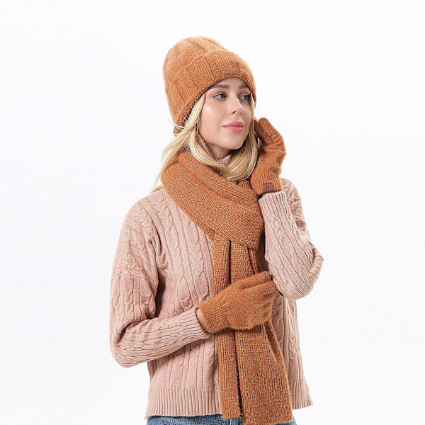 Vintermössa Halsduk Handskar Set Unisex Slouchy Halsduk Varm Stickad Mössa För Utomhus Brown