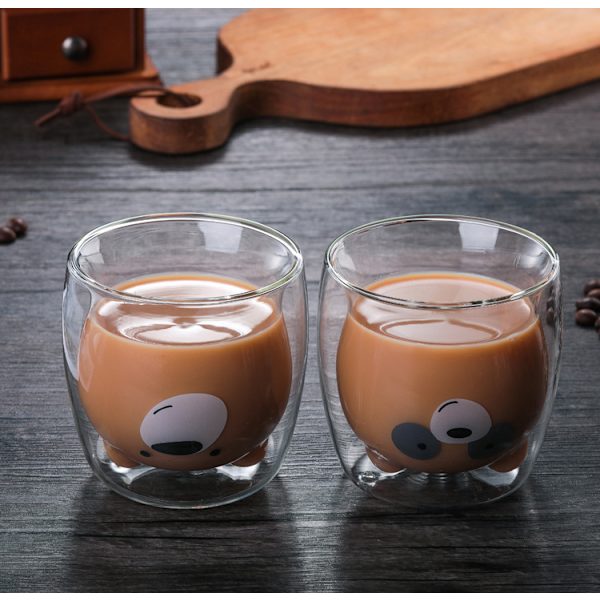 Tecknad Bear Cup Dubbellager Transparent Glas Cups Kaffe Mugg Par Gåvor 2