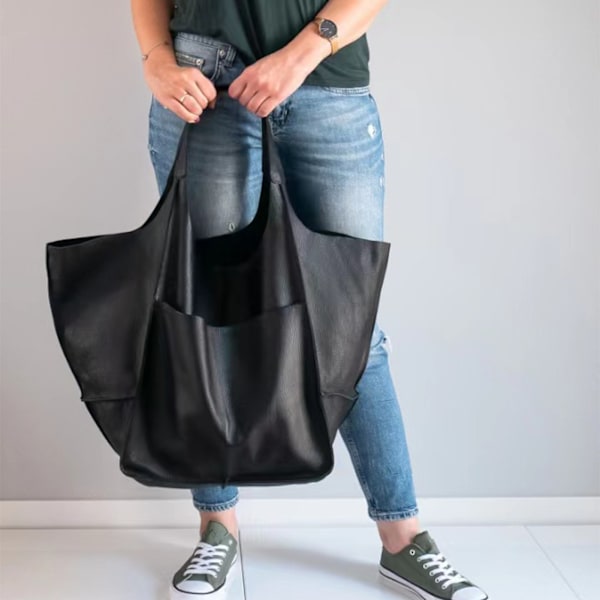Stor Axelväska Läderväska Tote Bag Axelremsväska Dam Shoppingväska Väska Dam Black