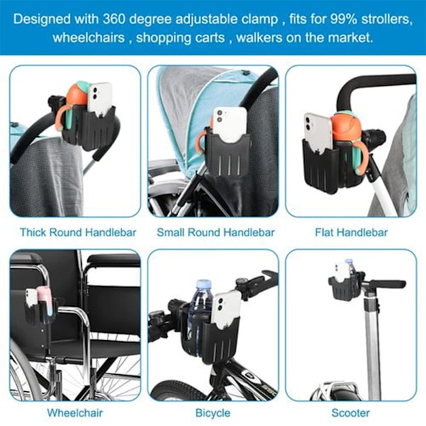 Universal kopptelefon dryckeshållare för barnvagnar 360 graders justerbar kopphållare Black Gray