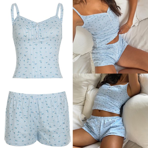 Blomstret Undertrøje Shorts Pyjamassæt Sødt Afslappet Cami-Shorts Sæt til Kvinder Super Blødt Åndbart Todelt Nattøj XL