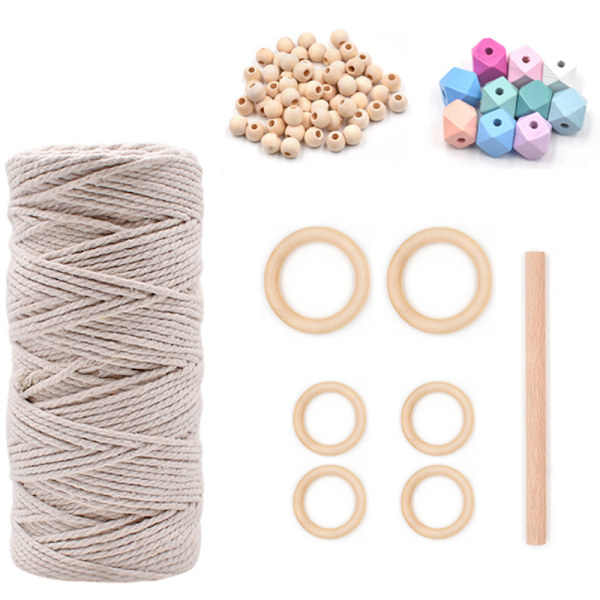 Macrame Kit Gör-det-själv gobeläng Macrame-tillbehör med träpärlor och ringar Naturlig bomullssnöre Hemhängare för nybörjare 5