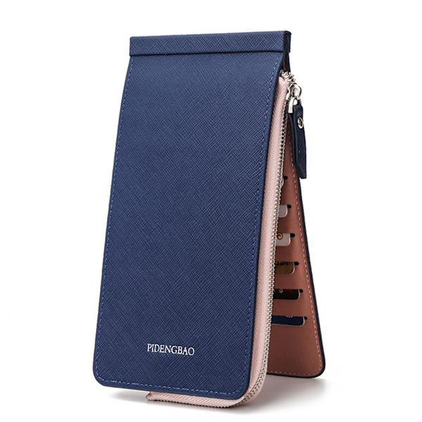 Multifunktionell lång plånbok Multi-fack korthållare plånbok med 26 fack Bifold PU blockerande plånbok för mobiltelefon kvinnor män Blue