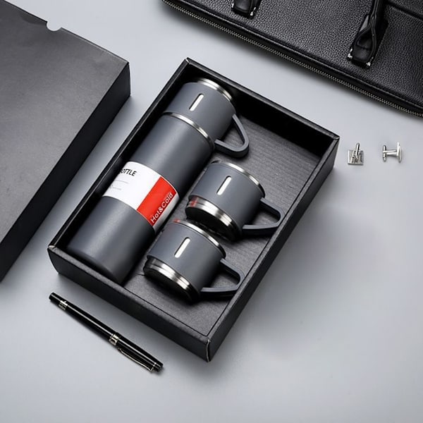 Vakuumkolvset med lock, återanvändbar läcksäker rostfri stålvattenflaska presenter set Grey