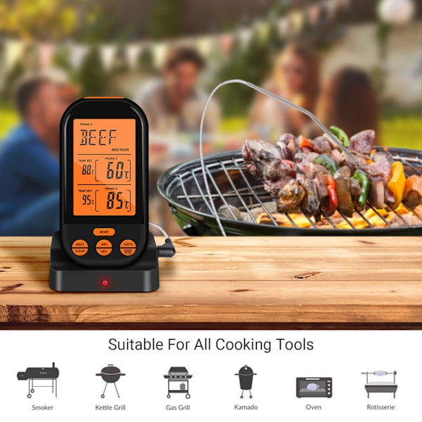 Trådlös digital termometer LCD BBQ Grill Kött Kök Ugn Mat Matlagningstermometer Silver