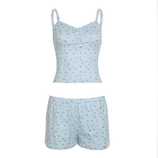 Blommig Linne Shorts Pyjamas Set Sött Avslappnat Cami-Shorts Set för Kvinnor Supermjukt Andningsbart Tvådelat Nattlinne XL