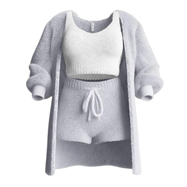 Mysig plyschpyjamas för kvinnor 3-delad set Snygga mjuka lösa sovkläder för sovrum inomhus Grey S