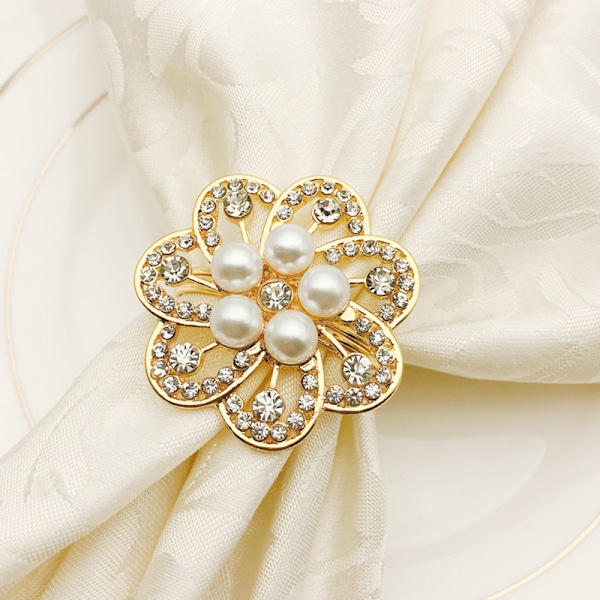 Servettknapp Hotell Serviser Pearl Flower Diamonds Festival Servettspänne Bord Tillbehör Imitation Gold 6 Piece Set