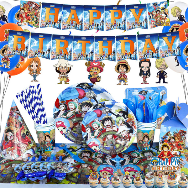 One Piece Party Tillbehör ingår Banner Bordsduk Tallrikar Tårta Servetter Koppar Gafflar För Dusch Födelsedag Temafest Eight Piece Set