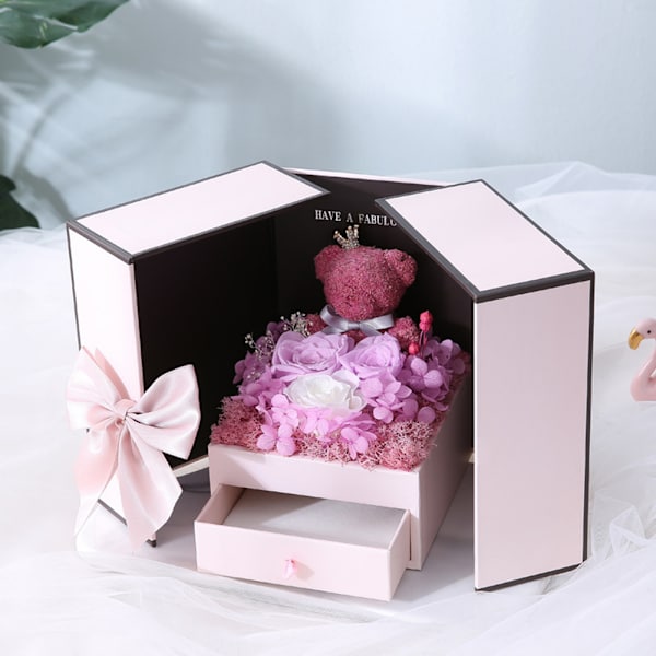 Dubbeldörr konserverad blombjörn smycken presentask slitstark presentförpackning box för bröllopsförslag E