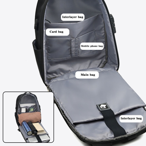 Casual ryggsäck för män med USB -laddningsport Stöldskydds-hårt skal bärbara datorväska för utomhusresor Black