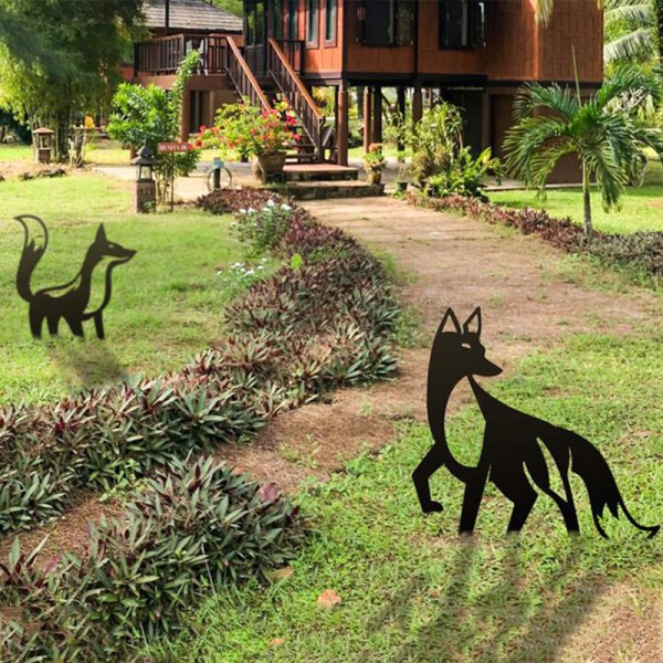 Metal Foxs Garden Stake 3D Animal Shape Yard Art Skulpturer för hemträdgårdsinredning CF2