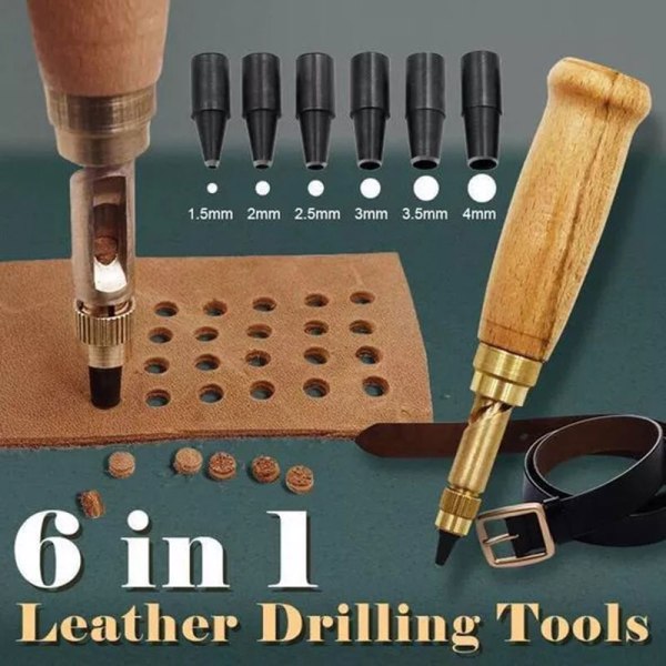 Gör-det-själv läderstans roterande stansskruv hålslagsbokbindningsverktyg med 6 spetsstorlekar och trähandtag
