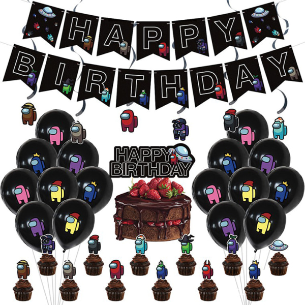 Among us ​​Speltema Födelsedagsfest Set Banner Ballong Tårta Topper Festtillbehör Black 30pcs