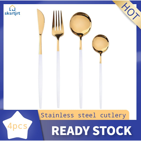 【Färdigt lager】 4 st/ 1 set gaffelsked svart guld set i rostfritt stål porslin bestick set middag White