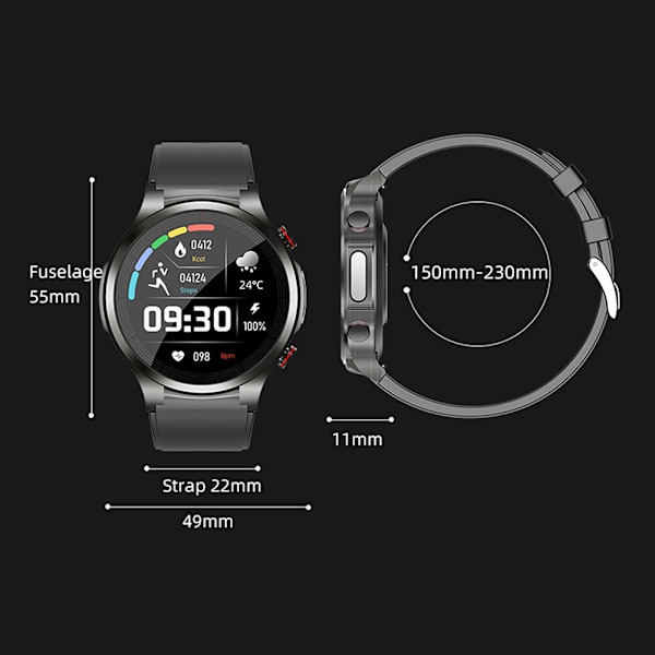 Smart Blodsukker Måler Ur, Non-Invasiv Glukose, Puls, Blodtryk & Kropstemperatur Tracker, Diabetisk Sundheds Sportsur Black