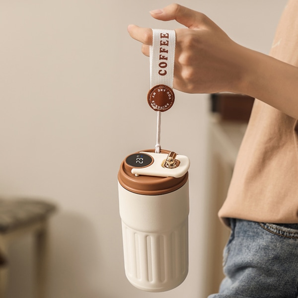 Digital Display Bärbar isoleringskopp Återanvändbar värmebeständig flaska för kvinnor män White Coffee