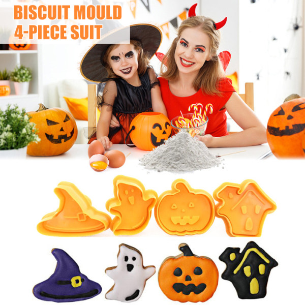 Cookie Cutter stencils med Halloween-tema 3D tecknad DIY kex mall Praktiska köksbakningsverktyg Four-piece Suit