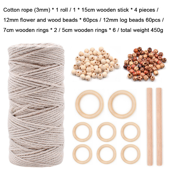 Macrame Kit Gör-det-själv gobeläng Macrame-tillbehör med träpärlor och ringar Naturlig bomullssnöre Hemhängare för nybörjare 5