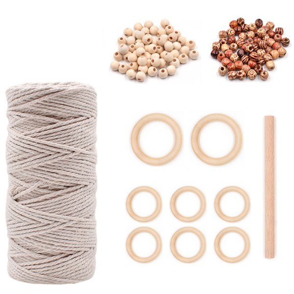 Macrame Kit Gör-det-själv gobeläng Macrame-tillbehör med träpärlor och ringar Naturlig bomullssnöre Hemhängare för nybörjare 5