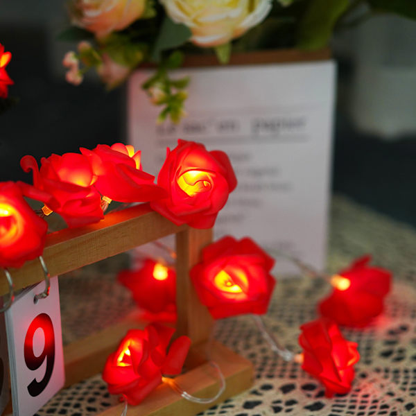 LED Rose Flower String Lights Romantisk Simulering Rose Flower Fairy Lights Batteridriven inomhus varm lampa Red 1.5m A