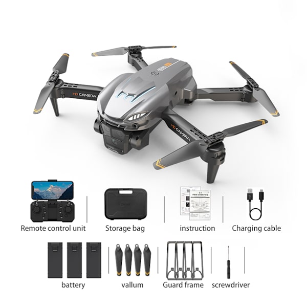 Vikbar trippellins kamera-drönare Optical Flows Positionering Quadcopters för nybörjare Grey 3 battery