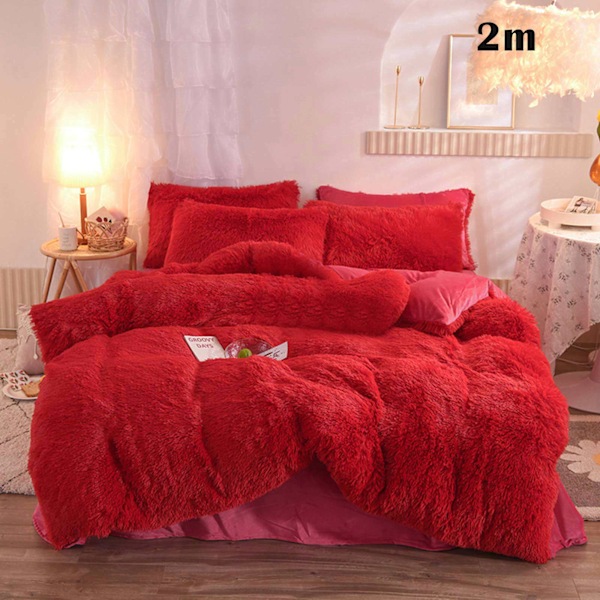 4 st/ set Färgglada fluffiga sängkläder Set Långt plysch cover Lakan Örngott Set Big Red 2M