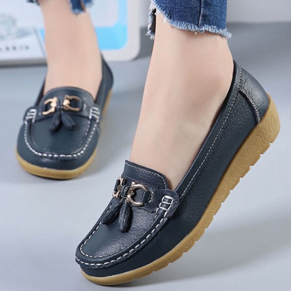 Kvinnors äkta läder Mjukt Bekväma Flat Loafers Handgjorda Casual Shoes Dark Blue 38