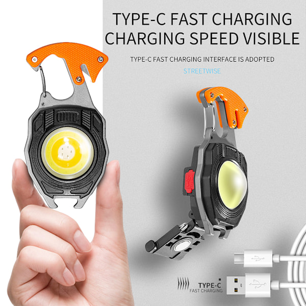 Cobs Avaimenperävalo Monitoiminen Mini LED Taskulamppu Hätävalo Pullonavaajalla Ulkoiluun ja Retkeilyyn Orange