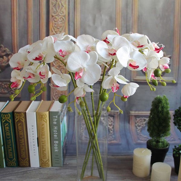 Vacker konstgjord fjäril Orkidé Siden Blomma Bröllopsfest Phalaenopsis Bukett Inredningstillbehör White