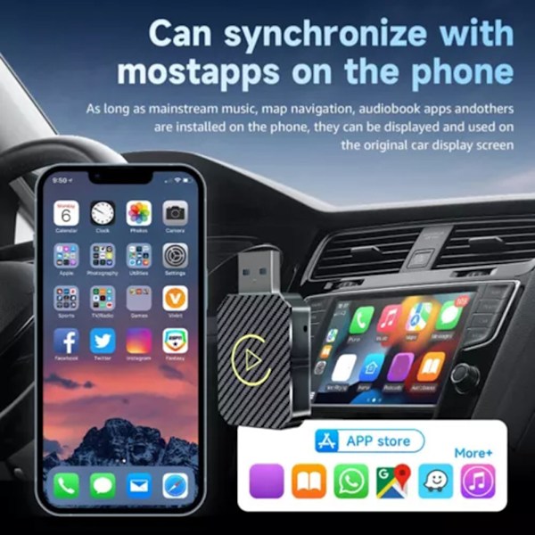 2-i-1 Mini Trådlös CarPlay & Android Auto Adapter för iPhone/Android - Plug & Play, Konverterar Kabelanslutet till Trådlöst för Bilar 2016+ guld
